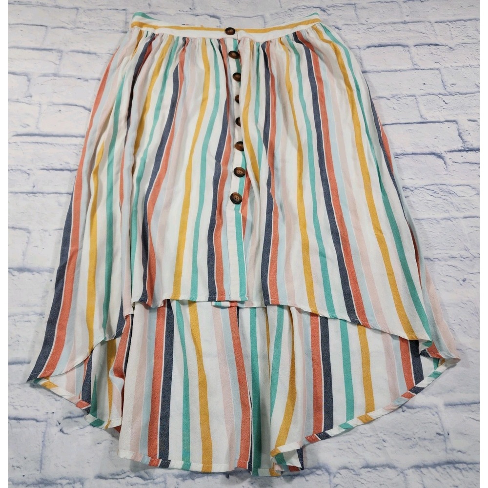 A.N.A. WOMENS SIZE L Multicolor Striped Hi Low Button Front Skirt Lightweight